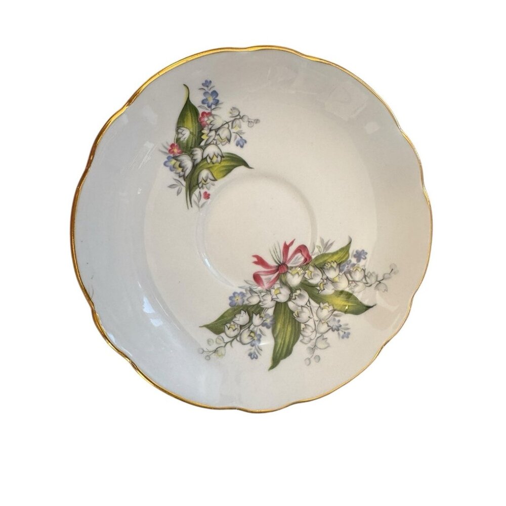 1 Vintage Regency English Bone China Lily of Valley Floral Saucer With Gold Trim